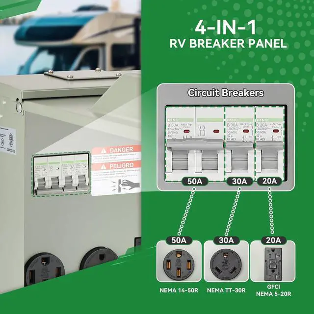 Alt view image 2 of 7 - ETL Listed RV Temporary Power Outlet Panel with Breaker, with 20, 30, 50 Amp RV Receptacle, RV Electrical Outlet Breaker Panel for RV, Camper, Travel Trailer