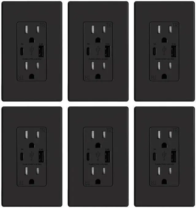 Main image of ELEGRP USB Charger Wall Outlet, USB Receptacle with Type A & Type C USB Ports, 15 Amp Duplex Tamper Resistant Receptacle Plug NEMA 5-15R, Wall Plate Included, UL Listed (6 Pack, Matte Black)
