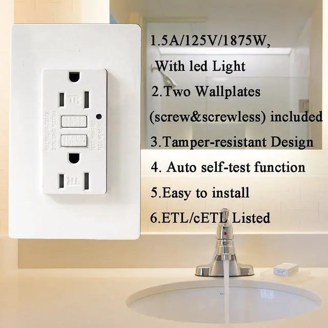 Alt view image 6 of 6 - LEOD 15A 125V Self-Testing GFCI Outlet with Green led Indicator Light, 4 Pcs WallPlate and Screws Included, Tamper-Resistant Auto-Test GFCI Socket, White, ETL Listed (2 Pack)