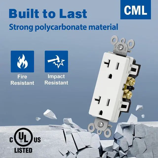 Alt view image 3 of 7 - CML 20 Amp Decorator Wall Receptacle, Decor Electrical Outlets, 20A/125V, Residential and Commercial Use, Non-Tamper-Resistant, UL Listed, White, 50 Pack