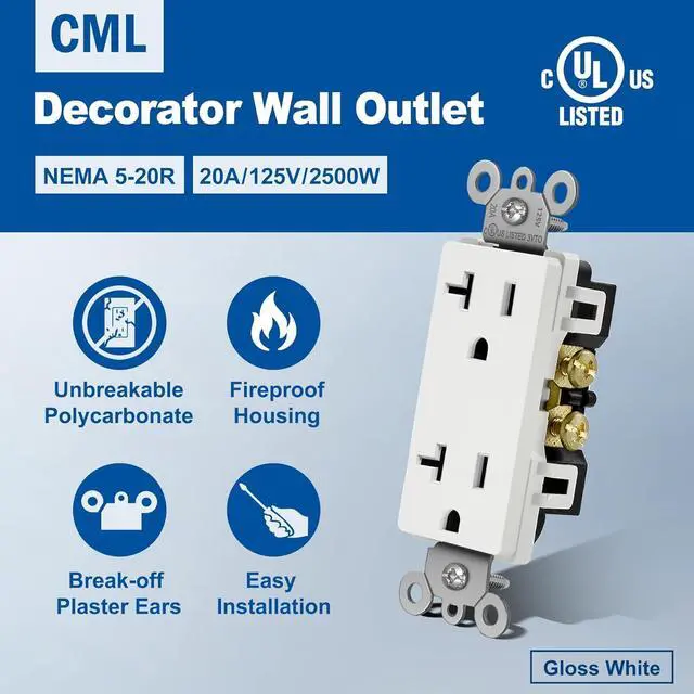 Alt view image 2 of 7 - CML 20 Amp Decorator Wall Receptacle, Decor Electrical Outlets, 20A/125V, Residential and Commercial Use, Non-Tamper-Resistant, UL Listed, White, 50 Pack