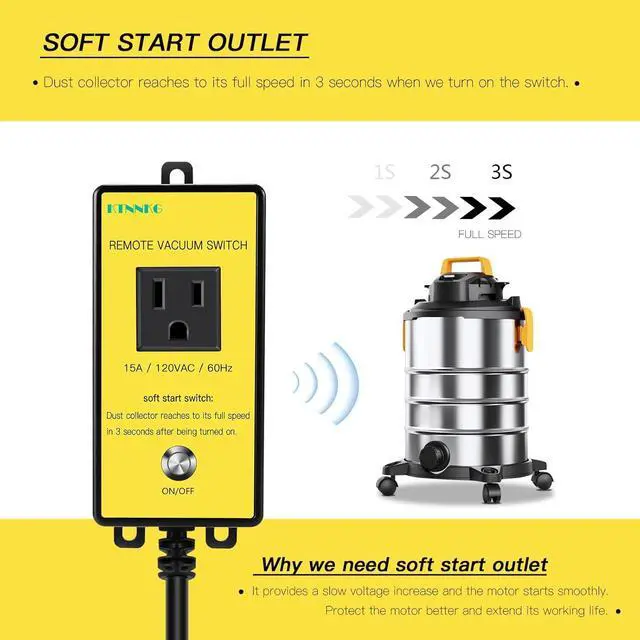 Alt view image 2 of 7 - 120V Soft Start Outlet Automatic Switch, Remote Switch for Vacuum and Table Saw with 2 Remote Control,15A 60Hz 1800W