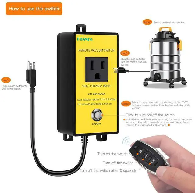 Alt view image 3 of 7 - 120V Soft Start Outlet Automatic Switch, Remote Switch for Vacuum and Table Saw with 2 Remote Control,15A 60Hz 1800W
