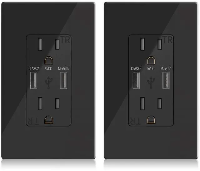 Main image of 5.0A USB Outlet,Fast Charge - Dual High Speed 5.0 Amp USB Ports with Smart Chip - ETL Listed Duplex 15A Tamper Resistant Socket USB Outlets Receptacle - 2-Pack, Black