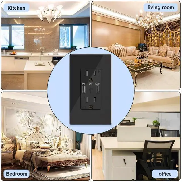 Alt view image 7 of 7 - 5.0A USB Outlet,Fast Charge - Dual High Speed 5.0 Amp USB Ports with Smart Chip - ETL Listed Duplex 15A Tamper Resistant Socket USB Outlets Receptacle - 2-Pack, Black