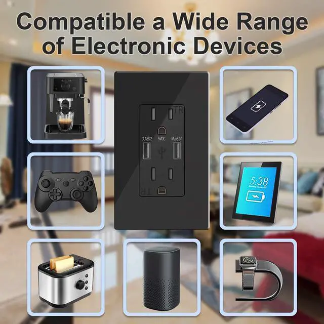 Alt view image 6 of 7 - 5.0A USB Outlet,Fast Charge - Dual High Speed 5.0 Amp USB Ports with Smart Chip - ETL Listed Duplex 15A Tamper Resistant Socket USB Outlets Receptacle - 2-Pack, Black
