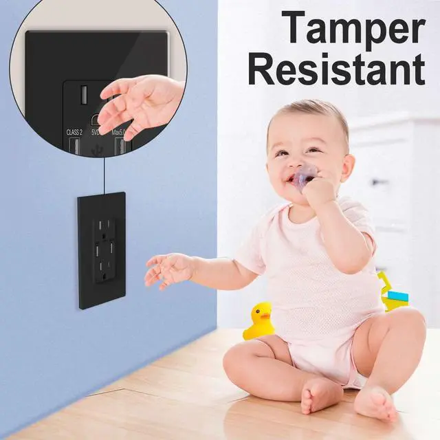 Alt view image 5 of 7 - 5.0A USB Outlet,Fast Charge - Dual High Speed 5.0 Amp USB Ports with Smart Chip - ETL Listed Duplex 15A Tamper Resistant Socket USB Outlets Receptacle - 2-Pack, Black