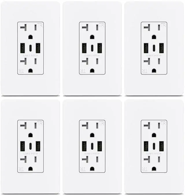 Main image of ThunderWay Outlet with USB C Ports- Electrical USB Outlet 30W 6.0A?20 Amp Tamper-Resistant Wall White Charging Outlets Receptacles, Wall Plate Cover Included,USB Socket ETL Listed,6 Pack