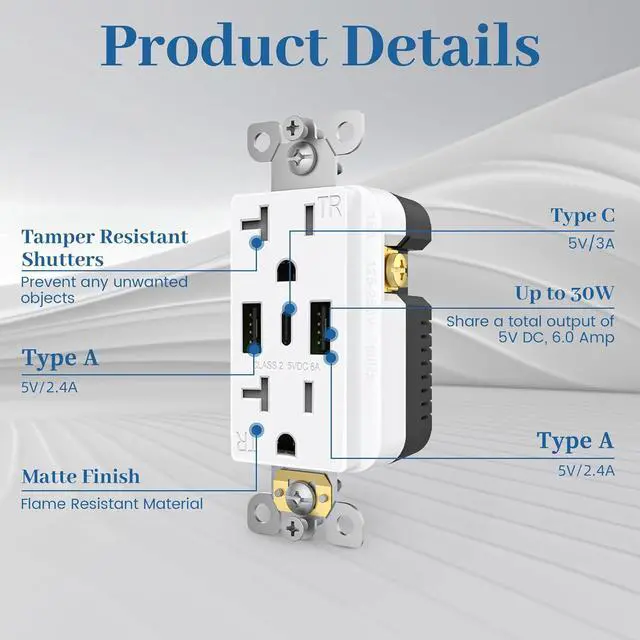 Alt view image 3 of 7 - ThunderWay Outlet with USB C Ports- Electrical USB Outlet 30W 6.0A?20 Amp Tamper-Resistant Wall White Charging Outlets Receptacles, Wall Plate Cover Included,USB Socket ETL Listed,6 Pack