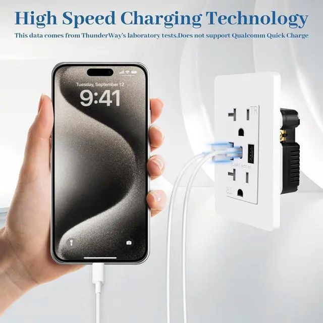Alt view image 6 of 7 - ThunderWay Outlet with USB C Ports- Electrical USB Outlet 30W 6.0A?20 Amp Tamper-Resistant Wall White Charging Outlets Receptacles, Wall Plate Cover Included,USB Socket ETL Listed,6 Pack