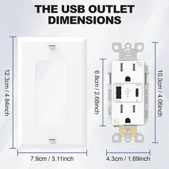 Alt view image 3 of 7 - ThunderWay USB Outlet, 15 Amp Wall Outlet Receptacles with Dual Type A & Type C USB Ports, 21W Socket Charging Power, Wall Plate Included, ETL Listed, White, 6 Pack