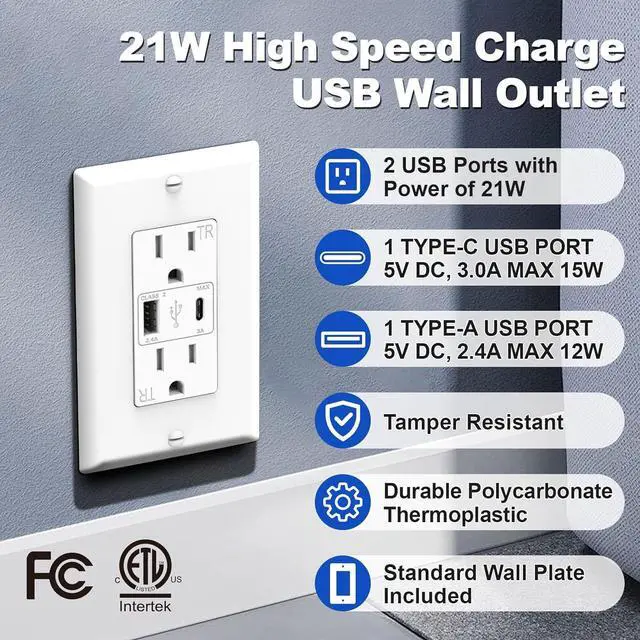 Alt view image 2 of 7 - ThunderWay USB Outlet, 15 Amp Wall Outlet Receptacles with Dual Type A & Type C USB Ports, 21W Socket Charging Power, Wall Plate Included, ETL Listed, White, 6 Pack