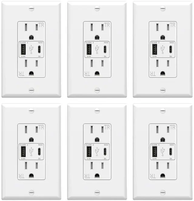Main image of ThunderWay USB Outlet, 15 Amp Wall Outlet Receptacles with Dual Type A & Type C USB Ports, 21W Socket Charging Power, Wall Plate Included, ETL Listed, White, 6 Pack