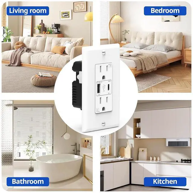 Alt view image 7 of 7 - ThunderWay USB Outlet, 15 Amp Wall Outlet Receptacles with Dual Type A & Type C USB Ports, 21W Socket Charging Power, Wall Plate Included, ETL Listed, White, 6 Pack