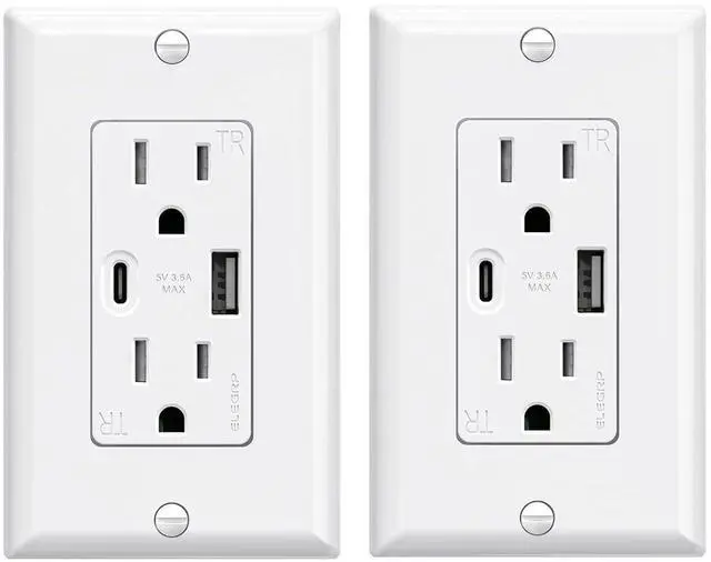 Main image of ELEGRP USB Wall Outlets, 15 Amp USB C Wall Outlets Receptacles, Outlets with USB A and USB C Ports, Tamper Resistant Receptacle, Wall Plate Included, UL Listed, 2 Pack, White