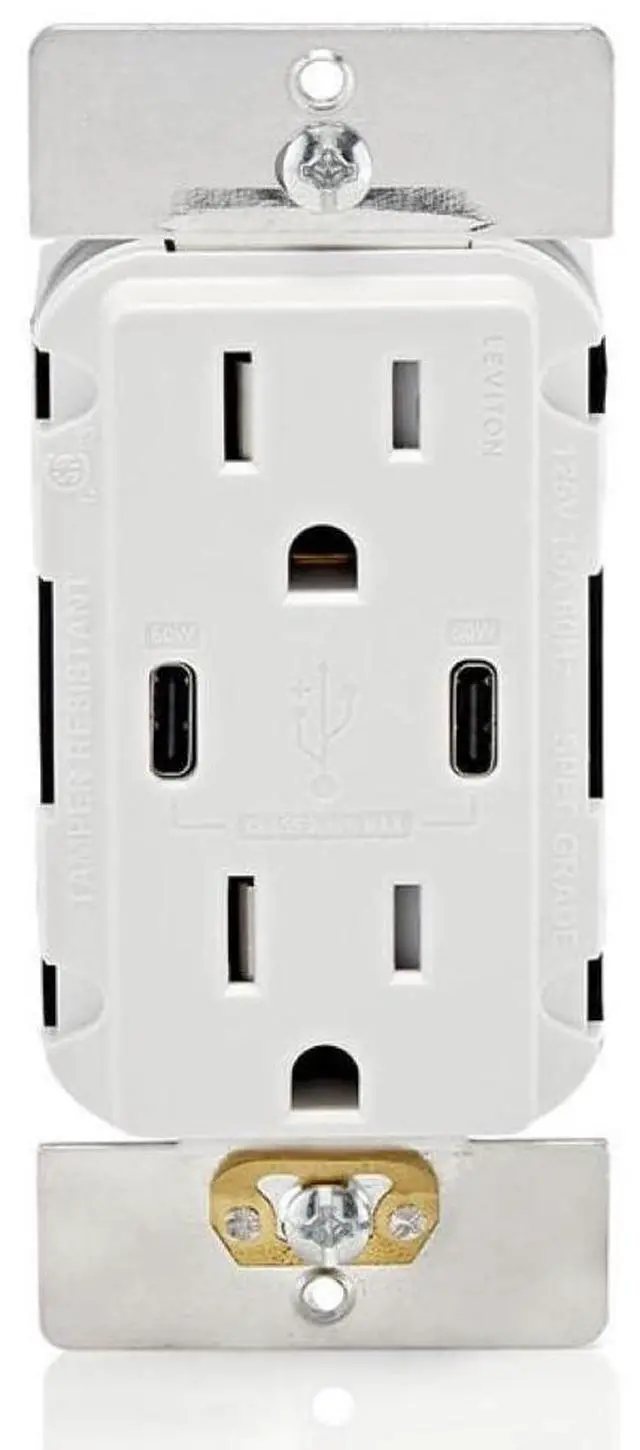 Main image of Leviton T5636-W 60W (6A) USB Dual Type-C/C Power Delivery in-Wall Charger with 15A Tamper-Resistant Outlet, USB Charger for Smartphones, Tablets, Laptops, White