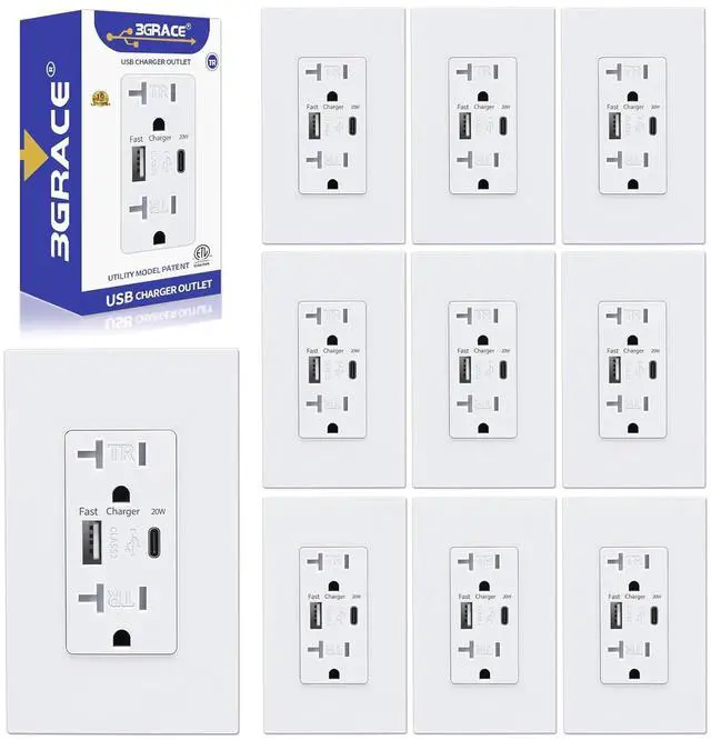 Main image of USB Wall Outlet, Charger Outlets Receptacles with 4.2A USB C Ports, 20 Amp Duplex Tamper Resistant Receptacle Plug with Electrical Outlet, Wall Plate Included, ETL ListedWhite, 10 Pack