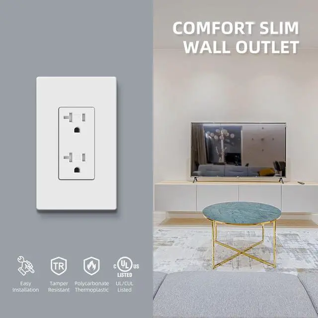 Alt view image 4 of 7 - Decorator Wall Recetpacle Outlet, 10 Pack Tamper Resistant 20 Amp Standard Electrical Outlets, Self-Grounding, 2-Pole 3-Wire, UL Listed, White