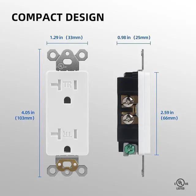 Alt view image 6 of 7 - Decorator Wall Recetpacle Outlet, 10 Pack Tamper Resistant 20 Amp Standard Electrical Outlets, Self-Grounding, 2-Pole 3-Wire, UL Listed, White