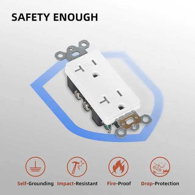 Alt view image 5 of 7 - Decorator Wall Recetpacle Outlet, 10 Pack Tamper Resistant 20 Amp Standard Electrical Outlets, Self-Grounding, 2-Pole 3-Wire, UL Listed, White