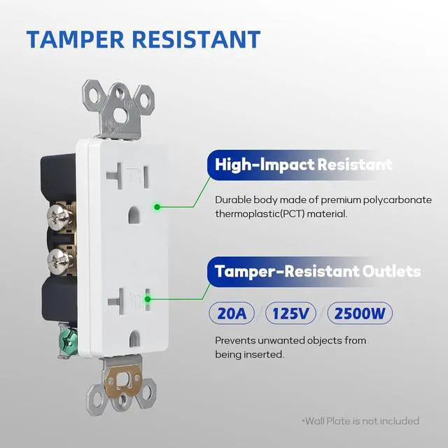 Alt view image 3 of 7 - Decorator Wall Recetpacle Outlet, 10 Pack Tamper Resistant 20 Amp Standard Electrical Outlets, Self-Grounding, 2-Pole 3-Wire, UL Listed, White