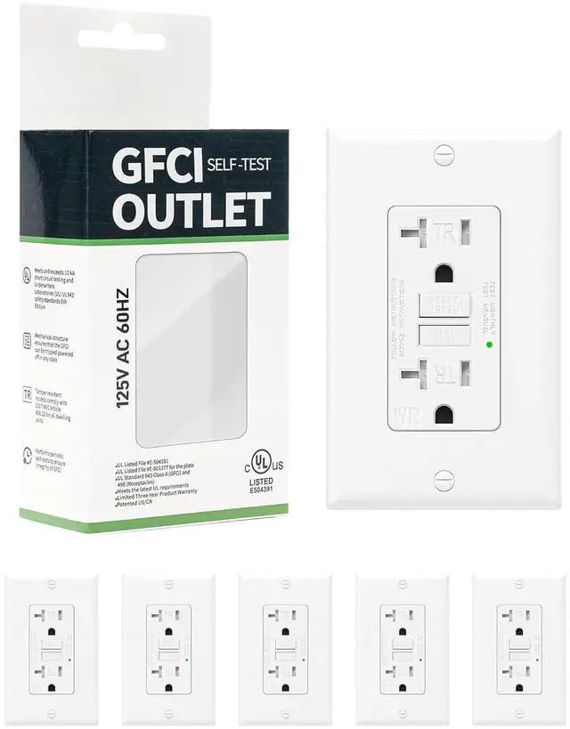 Main image of 6-Pack 20 Amp GFI Electrical GFCI Outlet Self-Test Tamper Resistant (TR) Weather Resistant (WR) Ground Fault Receptacle with LED Indicator UL Listed Standard Wall Plate Included White