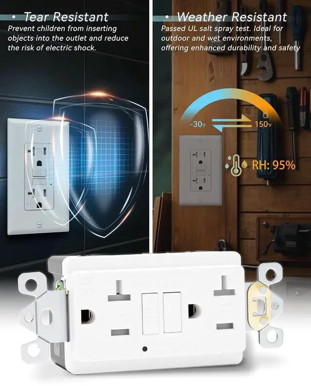 Alt view image 5 of 7 - 6-Pack 20 Amp GFI Electrical GFCI Outlet Self-Test Tamper Resistant (TR) Weather Resistant (WR) Ground Fault Receptacle with LED Indicator UL Listed Standard Wall Plate Included White