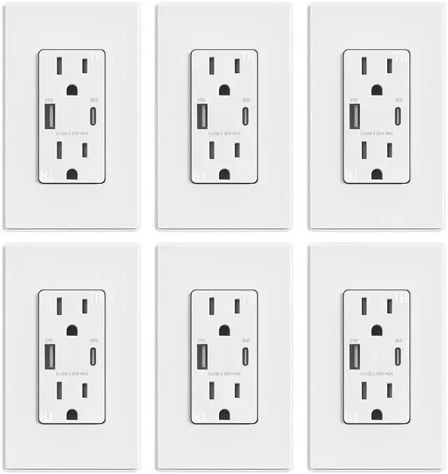 Main image of ELEGRP USB Outlet Receptacle, 30W Fast Charge & Power Delivery USB C Wall Outlet, 15 Amp Wall Outlet with USB Ports, Tamper Resistant, UL Listed, Wall Plate Included, 6 Pack, Matte White