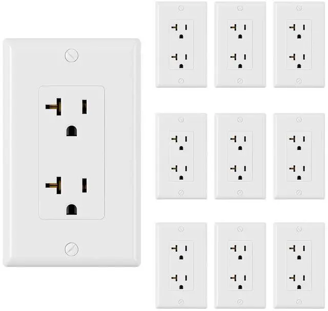 Main image of ELEGRP Glossy White Decorator Electrical Wall Outlet Receptacle, 20A 125V Standard Outlets, 2 Pole 3 Wire, Non-Tamper Resistant, NEMA 5-20R, Self-Grounding, Wall Plate Included, UL Listed, 10 Pack