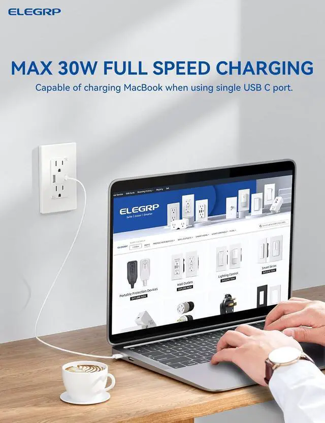 Alt view image 7 of 7 - ELEGRP USB Outlet Receptacle, 30W Fast Charge & Power Delivery USB C Wall Outlet, 15 Amp Wall Outlet with USB Ports, Tamper Resistant, UL Listed, Wall Plate Included, 6 Pack, Matte White