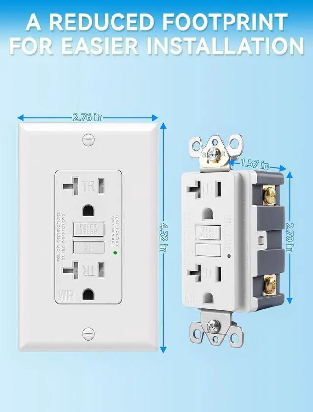 Alt view image 3 of 7 - 6-Pack 20 Amp GFI Electrical GFCI Outlet Self-Test Tamper Resistant (TR) Weather Resistant (WR) Ground Fault Receptacle with LED Indicator UL Listed Standard Wall Plate Included White