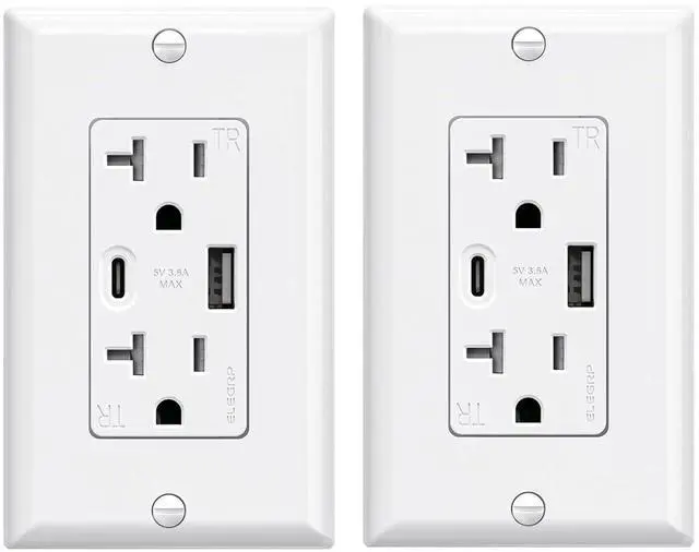 Main image of ELEGRP USB Wall Outlets, 20 Amp USB C Wall Outlets Receptacles, Outlets with USB A and C Ports, Tamper Resistant Receptacle, Wall Plate Included, UL Listed, 2 Pack, White