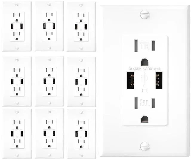 Main image of 10 Pack 4.8A Wall Outlet with USB Ports 15Amp Duplex USB Wall Outlets Tamper Resistant Outlet Charger, UL Listed, Electrical Outlet with Dual Port, White Outlets Receptacles