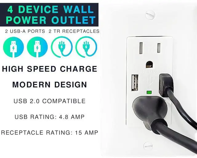 Alt view image 2 of 7 - 10 Pack 4.8A Wall Outlet with USB Ports 15Amp Duplex USB Wall Outlets Tamper Resistant Outlet Charger, UL Listed, Electrical Outlet with Dual Port, White Outlets Receptacles