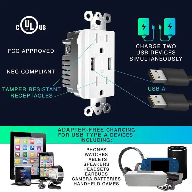Alt view image 3 of 7 - 10 Pack 4.8A Wall Outlet with USB Ports 15Amp Duplex USB Wall Outlets Tamper Resistant Outlet Charger, UL Listed, Electrical Outlet with Dual Port, White Outlets Receptacles