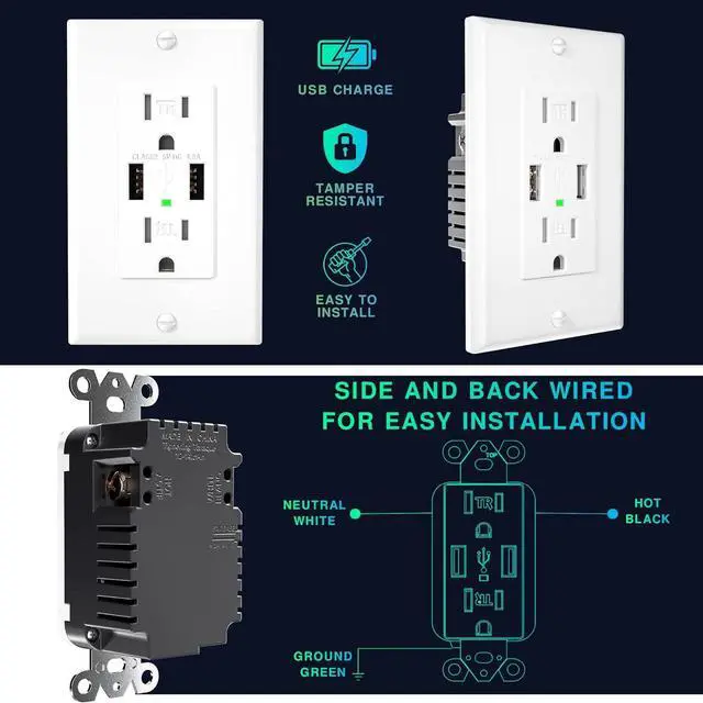 Alt view image 5 of 7 - 10 Pack 4.8A Wall Outlet with USB Ports 15Amp Duplex USB Wall Outlets Tamper Resistant Outlet Charger, UL Listed, Electrical Outlet with Dual Port, White Outlets Receptacles