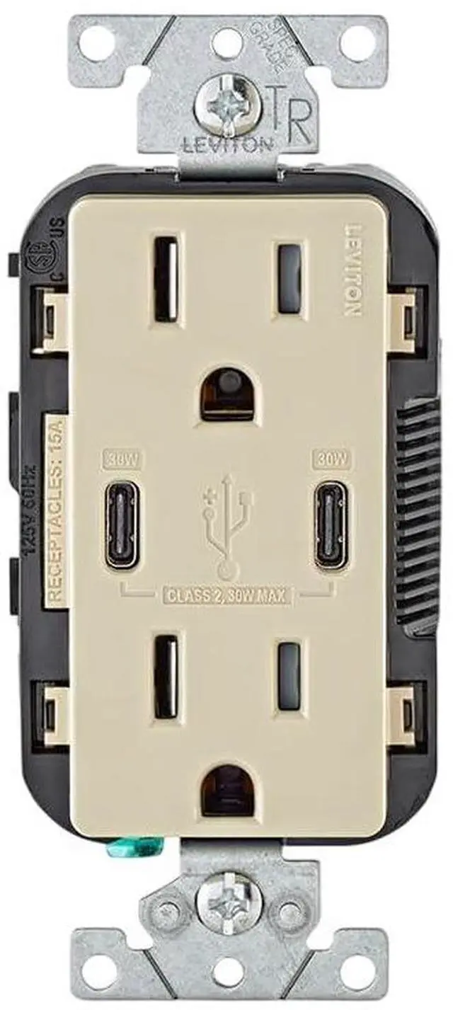 Main image of Leviton 30W (6A) USB Dual Type-C/C Power Delivery In-Wall Charger with 15A Tamper-Resistant Outlet, USB Charger for Smartphones, Tablets, Laptops, T5635-I, Ivory