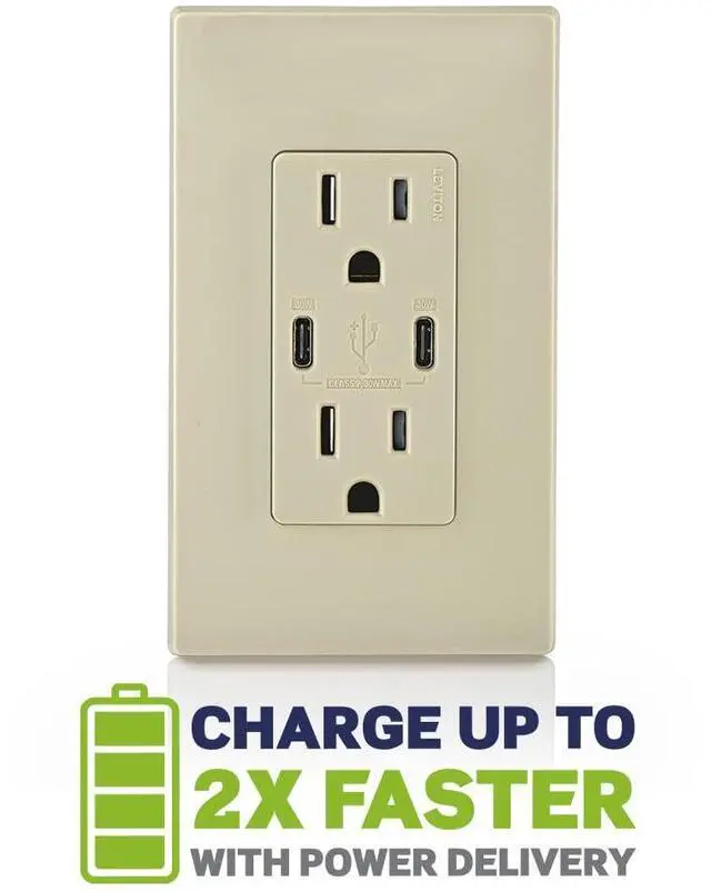 Alt view image 4 of 7 - Leviton 30W (6A) USB Dual Type-C/C Power Delivery In-Wall Charger with 15A Tamper-Resistant Outlet, USB Charger for Smartphones, Tablets, Laptops, T5635-I, Ivory