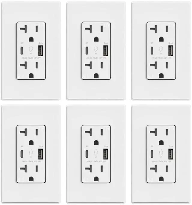 Main image of ELEGRP USB Charger Wall Outlet, USB Receptacle with Type A & Type C USB Ports, 20 Amp Duplex Tamper Resistant Receptacle Plug, Wall Plate Included, UL Listed (6 Pack, Matte White)