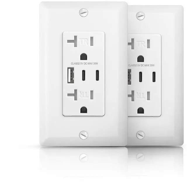 Main image of 2Pack USB Charger Wall Outlets, 20A Receptacle with Dual Type C & A Ports, 6.0 Amp 30W Tamper Resistant Receptacle Plug, Wall Plate Included, ETL & FCC Listed, White
