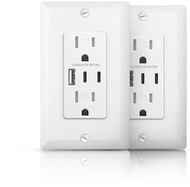 Main image of USB C Outlets Receptacles, 15 Amp Tamper Resistant Socket, 30W 6.0 Amp 3-Port USB Wall Outlet, Wall Plate Included, White, ETL Listed, 2 Pack