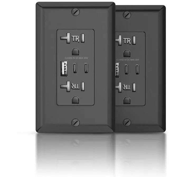 Main image of 2Pack USB Wall Outlet, 30W 6.0 Amp Charging Power Outlet with Dual Type C & A Ports, 20A Tamper-Resistant Receptacle Plug, ETL & FCC Listed, Wall Plate Included, Black