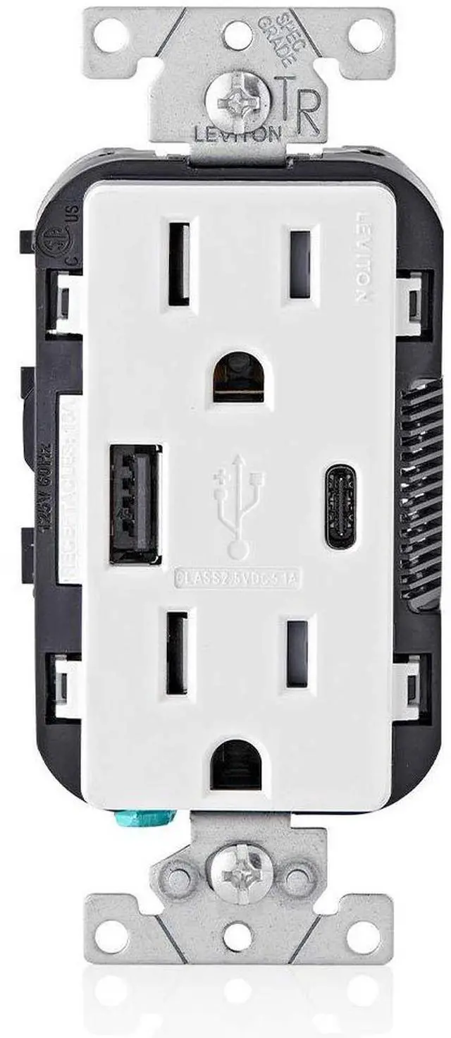 Main image of Leviton T5633-W Type A & Type-C USB In-Wall Charger with 15A Tamper-Resistant Outlet, USB Charger for Smartphones and Tablets, Not for Laptops, White