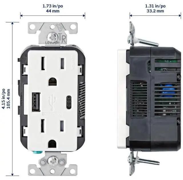 Alt view image 2 of 7 - Leviton T5633-W Type A & Type-C USB In-Wall Charger with 15A Tamper-Resistant Outlet, USB Charger for Smartphones and Tablets, Not for Laptops, White