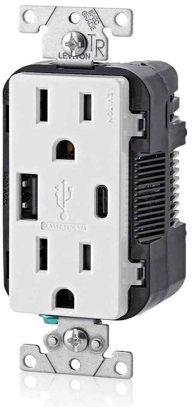 Alt view image 3 of 7 - Leviton T5633-W Type A & Type-C USB In-Wall Charger with 15A Tamper-Resistant Outlet, USB Charger for Smartphones and Tablets, Not for Laptops, White