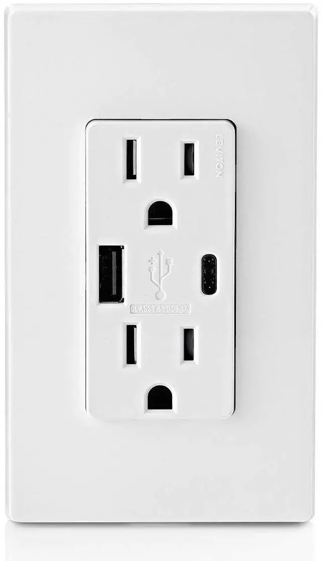 Alt view image 4 of 7 - Leviton T5633-W Type A & Type-C USB In-Wall Charger with 15A Tamper-Resistant Outlet, USB Charger for Smartphones and Tablets, Not for Laptops, White
