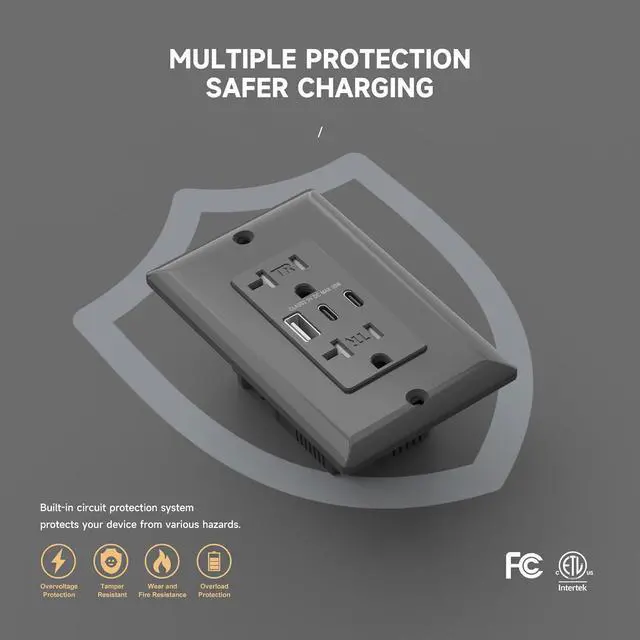 Alt view image 4 of 7 - 2Pack USB Wall Outlet, 30W 6.0 Amp Charging Power Outlet with Dual Type C & A Ports, 20A Tamper-Resistant Receptacle Plug, ETL & FCC Listed, Wall Plate Included, Black