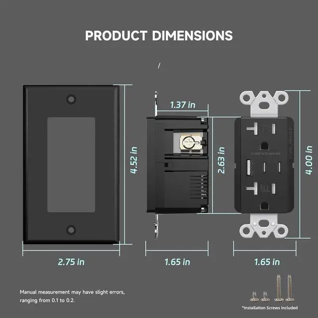 Alt view image 6 of 7 - 2Pack USB Wall Outlet, 30W 6.0 Amp Charging Power Outlet with Dual Type C & A Ports, 20A Tamper-Resistant Receptacle Plug, ETL & FCC Listed, Wall Plate Included, Black