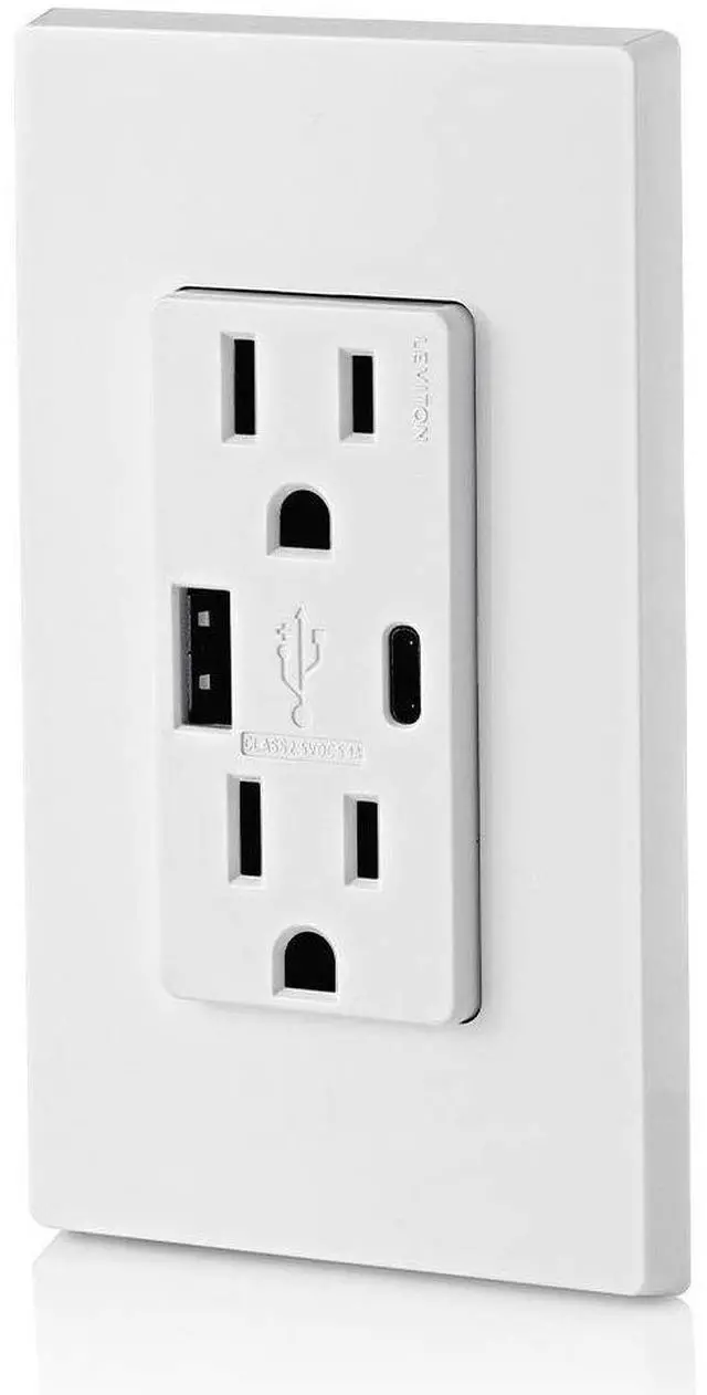 Alt view image 5 of 7 - Leviton T5633-W Type A & Type-C USB In-Wall Charger with 15A Tamper-Resistant Outlet, USB Charger for Smartphones and Tablets, Not for Laptops, White