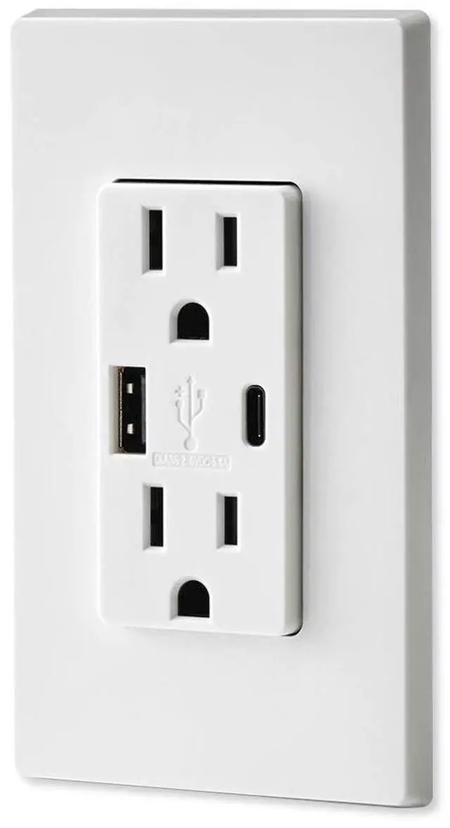 Alt view image 6 of 7 - Leviton T5633-W Type A & Type-C USB In-Wall Charger with 15A Tamper-Resistant Outlet, USB Charger for Smartphones and Tablets, Not for Laptops, White